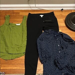Lauren Conrad collection Green Tank Top, Black Pants, and Navy Polka Dot Blouse